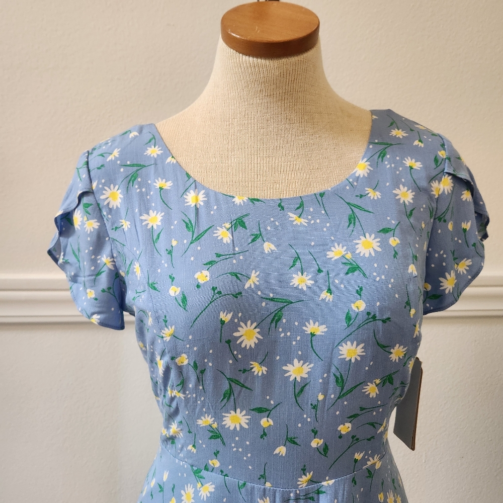 Copper Key Women's Blue Mini Dress S Floral Daisy Cottage Core Lined Summer - Picture 3 of 13